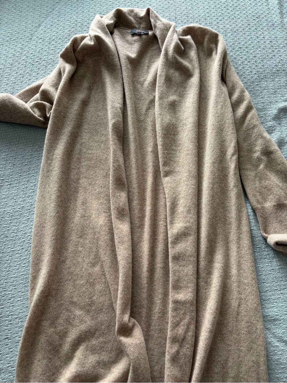 Quince Taupe Open-Front Long Cardigan